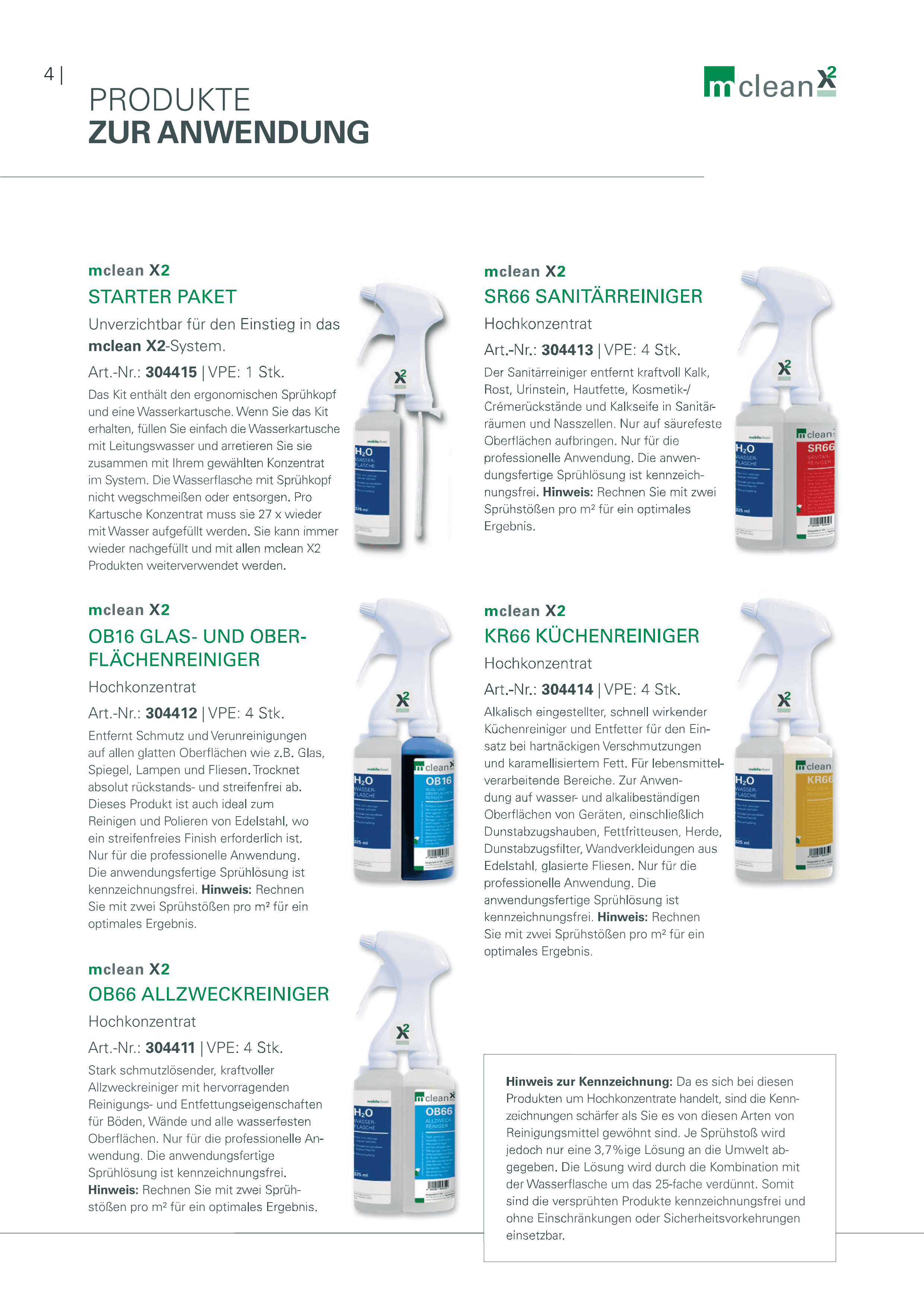 Mclean X2 Professionelles Reinigungssprühsystem Mclean X2 Reinigungssprühflaschen mit weißen Sprühköpfen und Etiketten für die professionelle Oberflächen- und Bodenreinigung