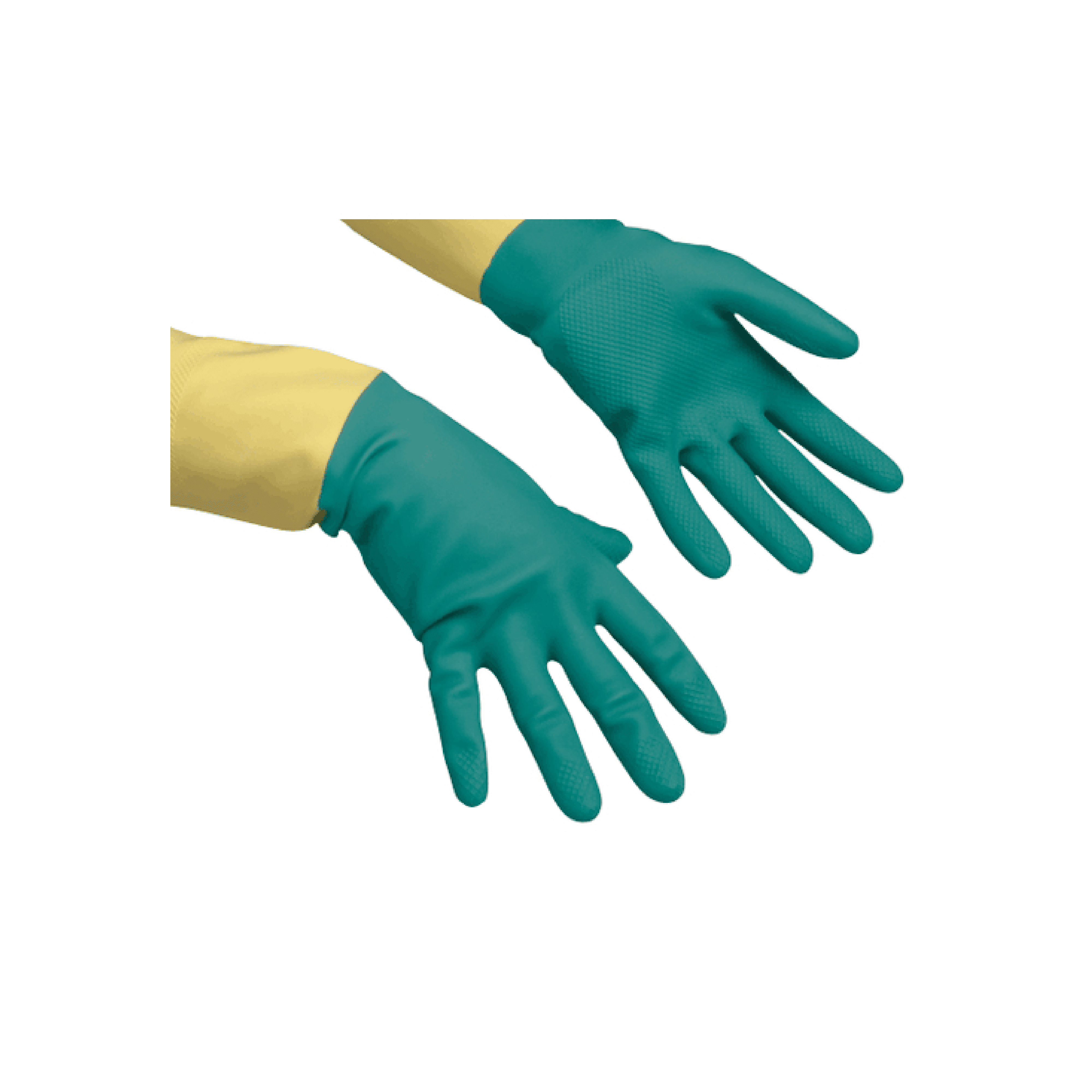 Grüne, chemikalienbeständige Reinigungshandschuhe Ein Paar grüne, chemikalienbeständige Handschuhe mit gelben Manschetten und strukturierter Griffoberfläche für professionelle Reinigungsaufgaben