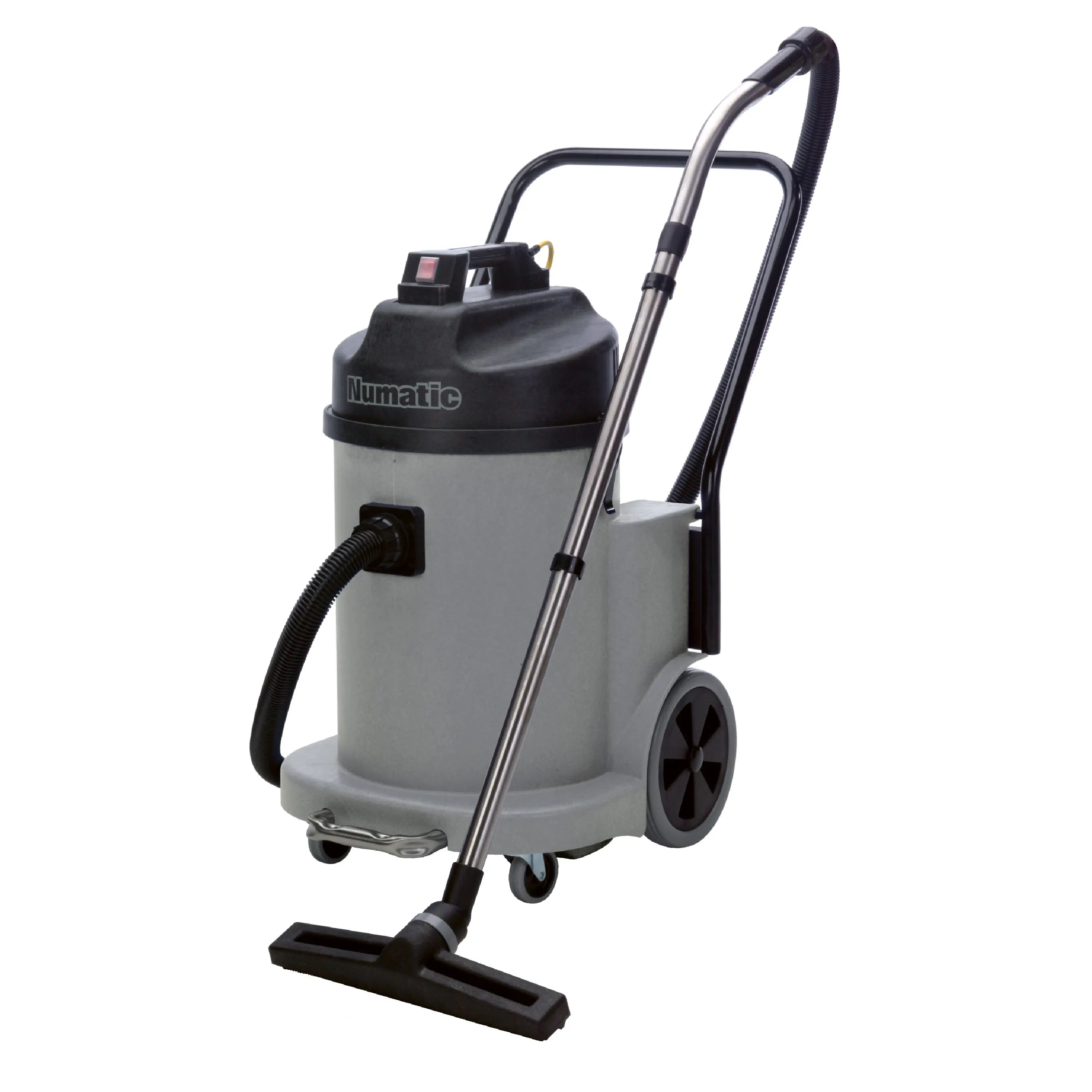 Numatic Industriesauger in Grau mit schwarzem Deckel, Saugschlauch, Bodendüse und Rollen für die professionelle Industriereinigung. Numatic Industriesauger in Grau mit schwarzem Deckel, Saugschlauch, Bodendüse und Rollen für die professionelle Industriereinigung.