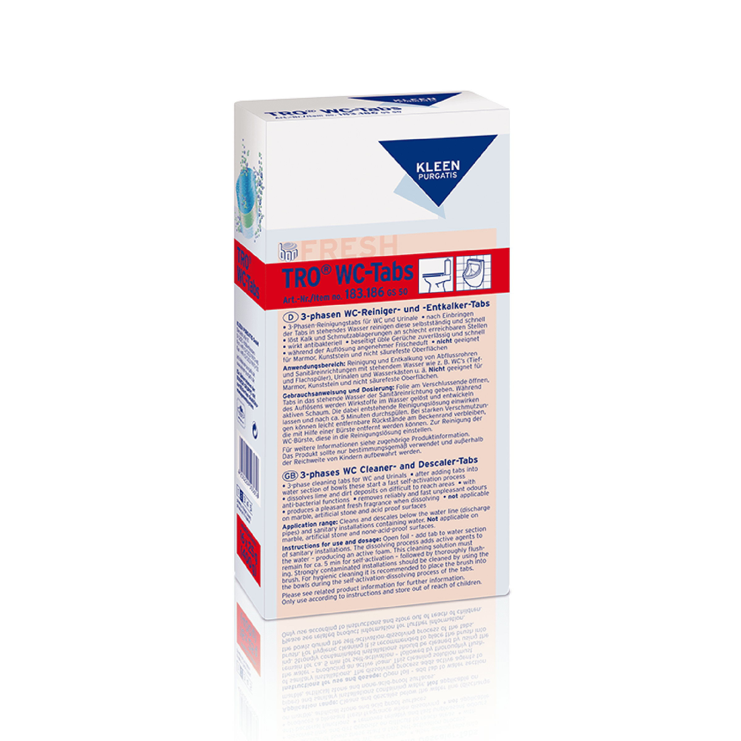 TRO WC-Tabs von Kleen Purgatis TRO WC-Tabs-Verpackung mit Produktdetails und Gebrauchsanweisungen.
