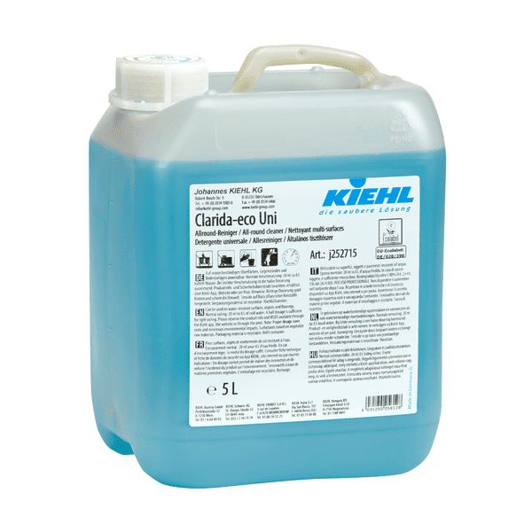 Kiehl Clarida eco Uni Allzweckreiniger 5L Kiehl Clarida eco Uni Allzweckreiniger im 5 Liter Kanister mit blauer Flüssigkeit für die professionelle Gebäudereinigung