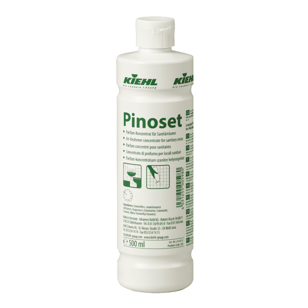 Pinoset Lufterfrischer-Konzentrat 500 ml Pinoset Duftöl 500 ml Flasche mit Produktetikett für Sanitärräume