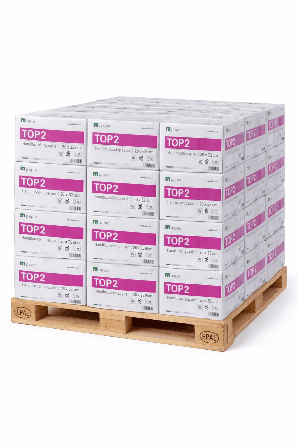 Papierhandtücher auf EPAL-Palette Stapel weißer Papierhandtuchboxen mit violettem Logo auf einer EPAL-Holzpalette für die professionelle Gebäudereinigung