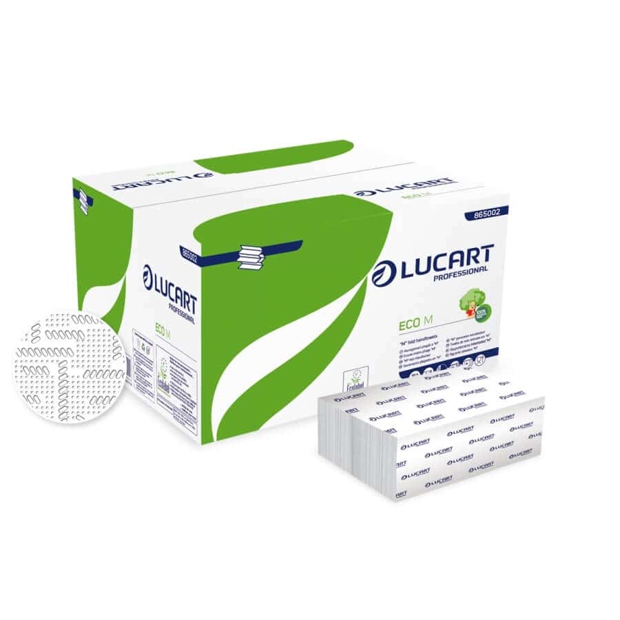 Lucart Professional Eco M Papierhandtücher Lucart Professional Eco M Papierhandtücher im großen Karton mit grünem Logo für gewerbliche Waschräume