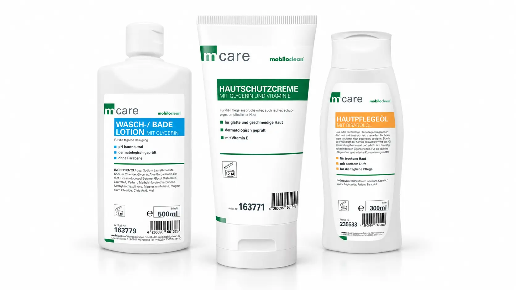 Mcare-Hautpflegeprodukte einschließlich Waschlotion, Schutzcreme und Öl in Flaschen und einer Tube