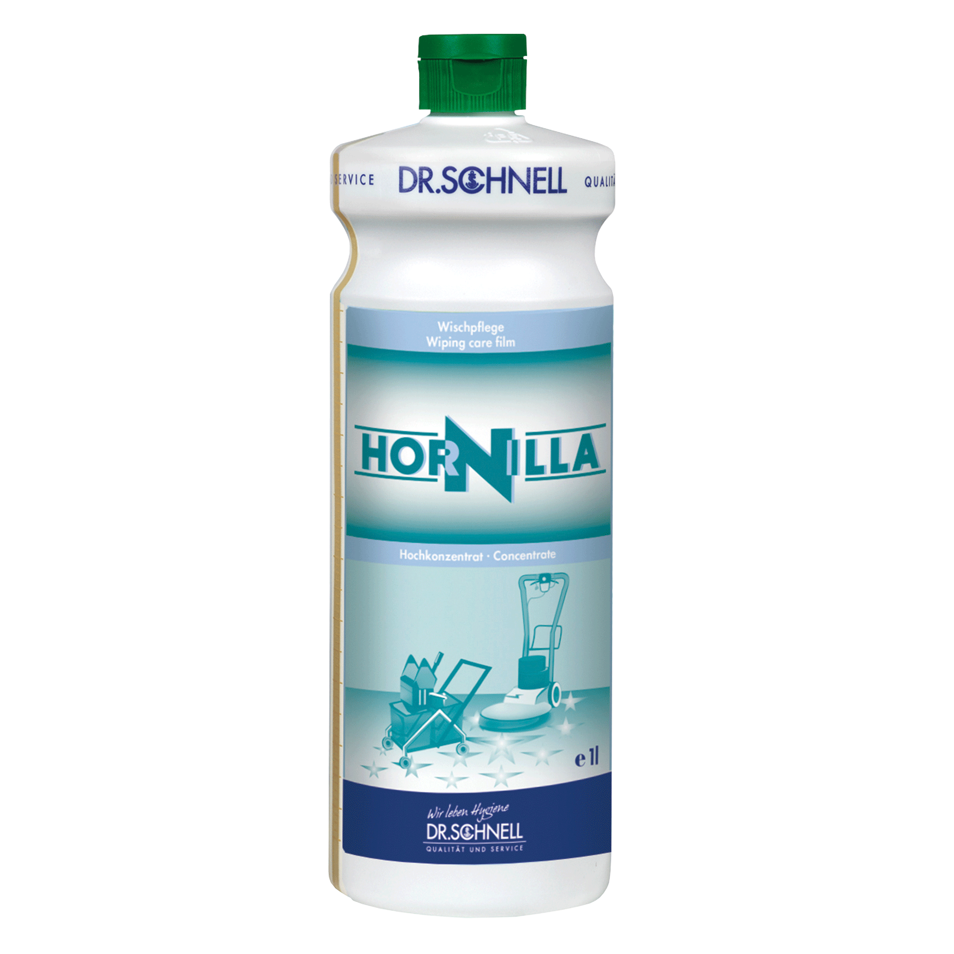 Dr. Schnell Hornilla Wischpflege Konzentrat in weißer Flasche mit grünem Deckel für professionelle Bodenreinigung