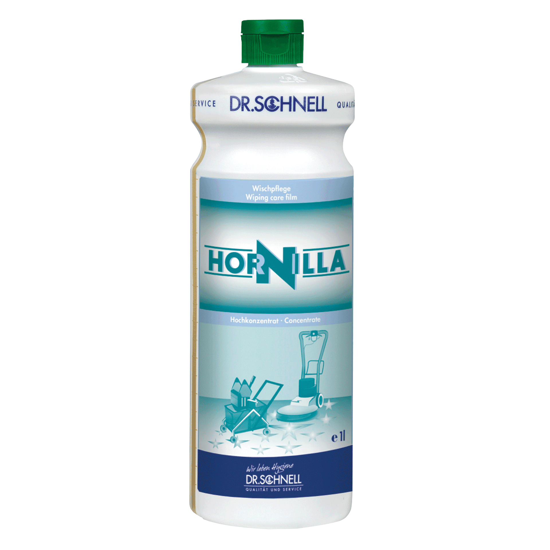 Dr. Schnell Hornilla Wischpflege Konzentrat in weißer Flasche mit grünem Deckel für professionelle Bodenreinigung Dr. Schnell Hornilla Wischpflege Konzentrat in weißer Flasche mit grünem Deckel für professionelle Bodenreinigung