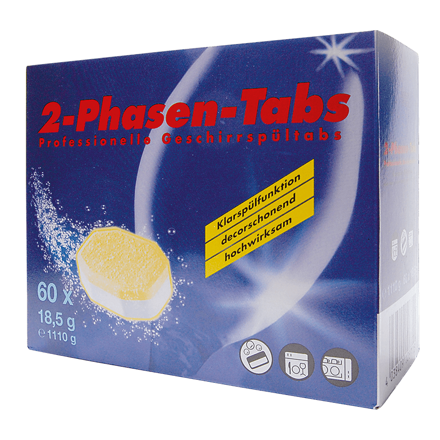 2-Phasen-Spültabs-Box Box mit 2-Phasen-Tabs zum Geschirrspülen, mit 60 Tabs und Produktdetails.