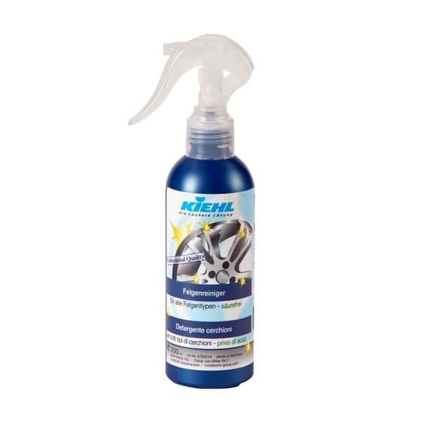 Kiehl Felgenreiniger in blauer Sprühflasche mit weißem Sprühkopf und mehrsprachigem Etikett Kiehl Felgenreiniger in blauer Sprühflasche mit weißem Sprühkopf und mehrsprachigem Etikett