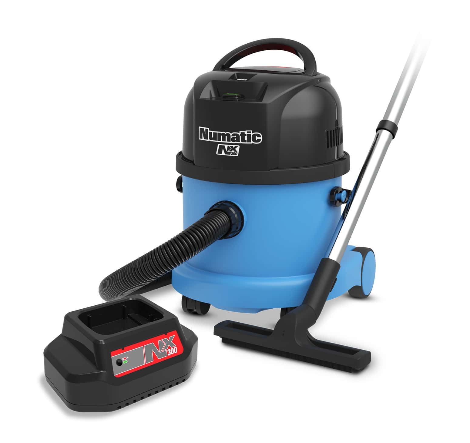 Numatic NX300 Akku-Staubsauger mit blauem Behälter, schwarzem Deckel, Saugschlauch und Bodendüse Numatic NX300 Akku-Staubsauger mit blauem Behälter, schwarzem Deckel, Saugschlauch und Bodendüse