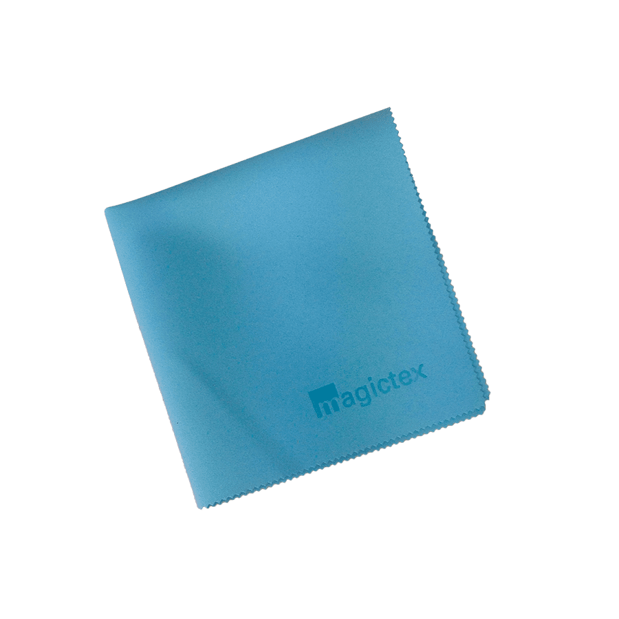 Magictex Mikrofasertuch in Blau mit gezacktem Rand, ideal für die streifenfreie Reinigung von Oberflächen. Magictex Mikrofasertuch in Blau mit gezacktem Rand, ideal für die streifenfreie Reinigung von Oberflächen.