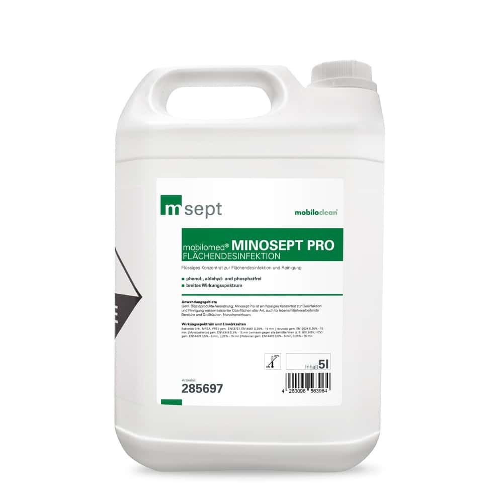 Minosept Pro Flächendesinfektionsmittel im weißen 5-Liter-Kanister mit grünem Etikett für professionelle Reinigung Minosept Pro Flächendesinfektionsmittel im weißen 5-Liter-Kanister mit grünem Etikett für professionelle Reinigung