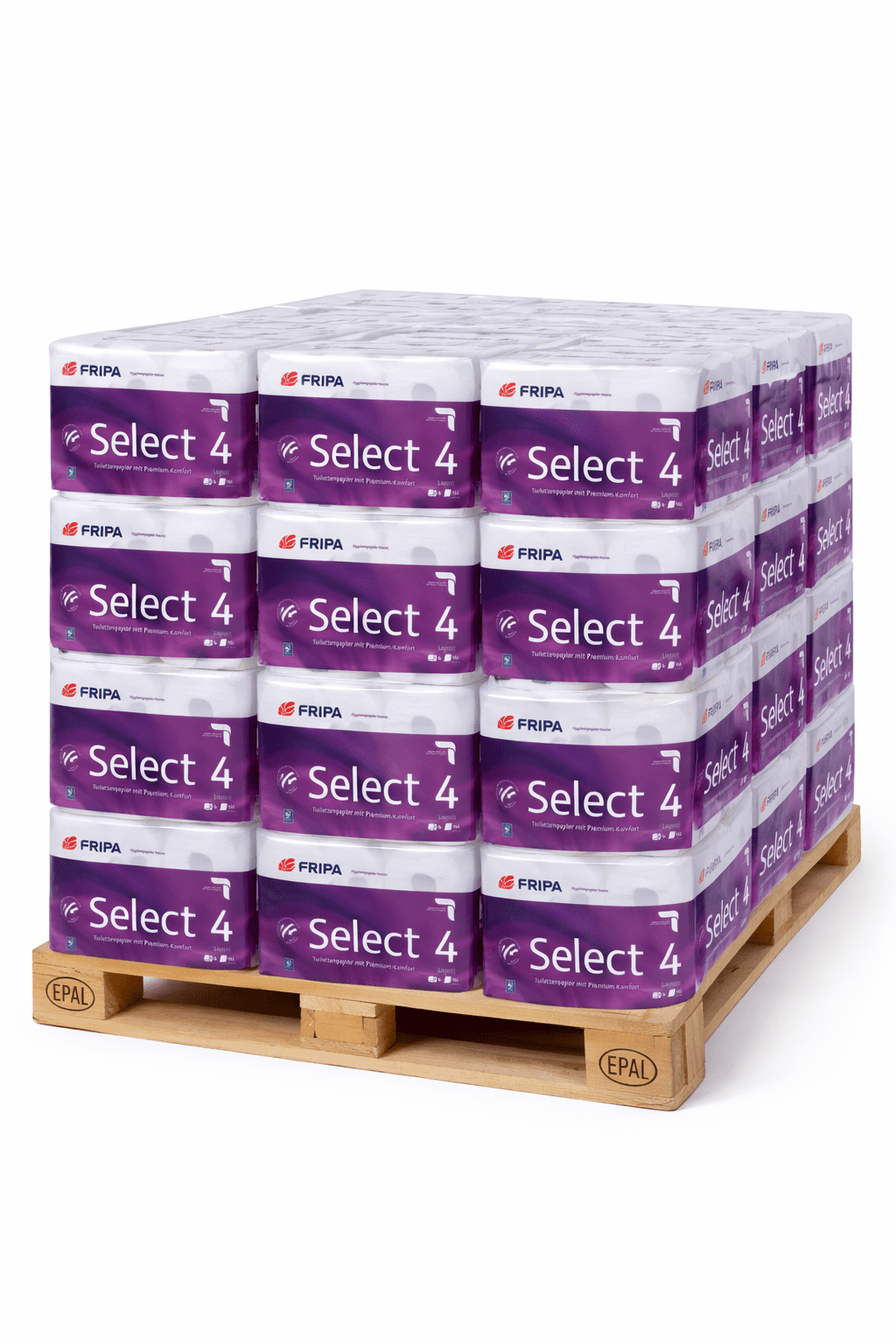 FRIPA Select 4 Toilettenpapier auf einer Holzpalette, geeignet für den Einsatz in der Gebäudereinigung und Gewerbe. FRIPA Select 4 Toilettenpapier auf einer Holzpalette, geeignet für den Einsatz in der Gebäudereinigung und Gewerbe.