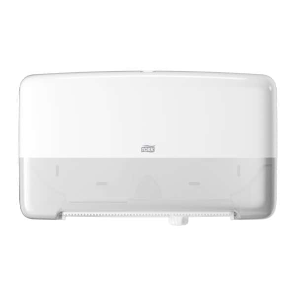 Tork Mini Jumbo Toilettenpapierspender Tork Mini Jumbo Toilettenpapierspender in Weiß, Vorderansicht.