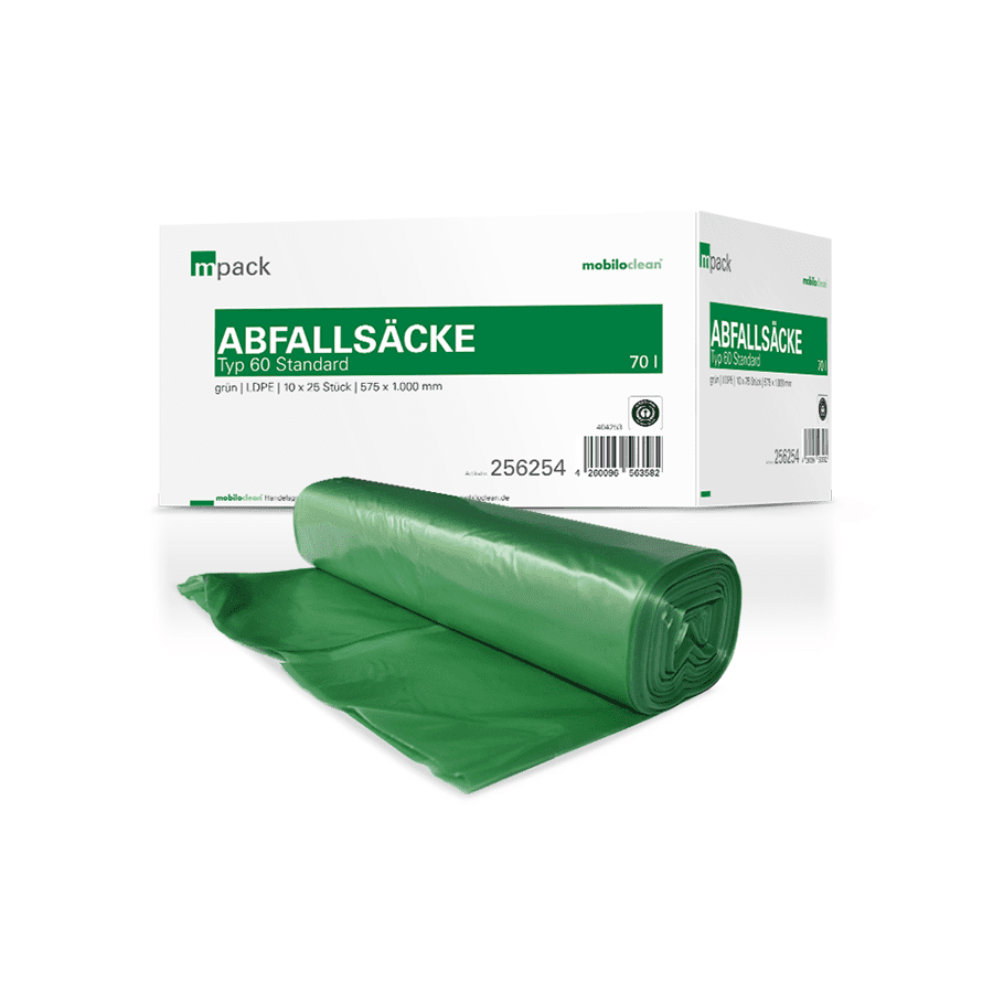 Grünabfallsäcke 70 Liter Grüne LDPE-Müllbeutel in Rolle mit weißer Spenderbox aus Karton für die professionelle Müllentsorgung im gewerblichen Einsatz