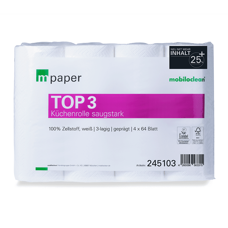 m paper TOP 3 Küchenrollenpaket m paper TOP 3 Küchenrollenpaket mit 32 starken Rollen sichtbar