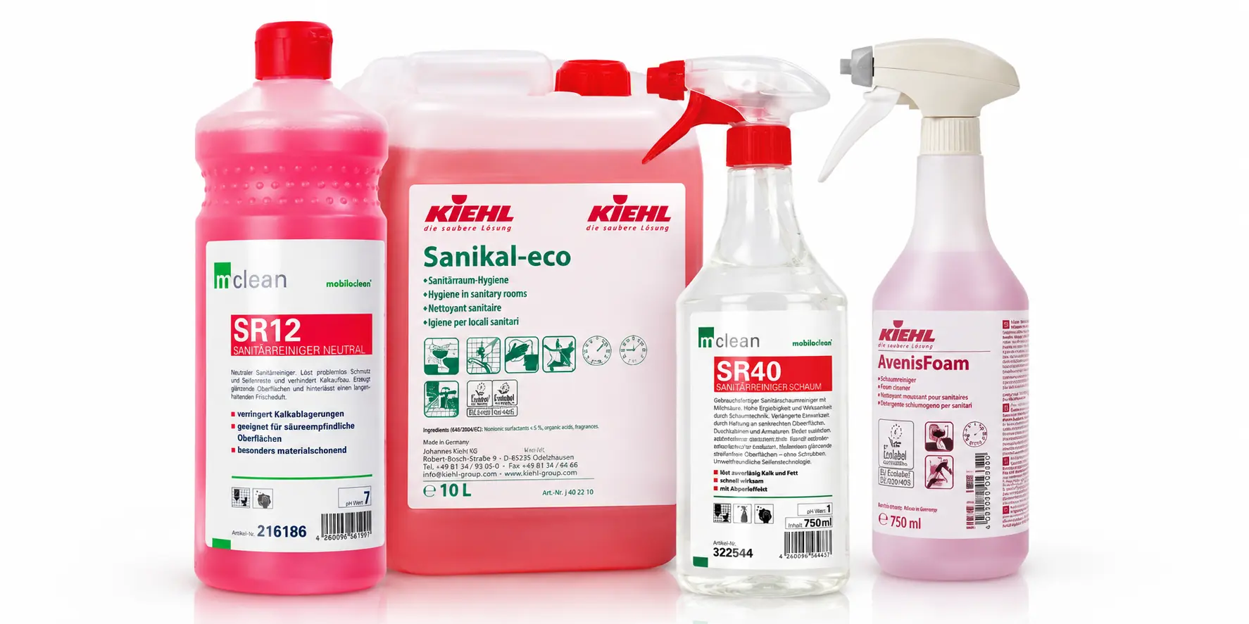 Sanitärreinigungsprodukte von Kiehl und mclean Sanitärreiniger von Kiehl und mclean in verschiedenen Flaschen und einem Kanister