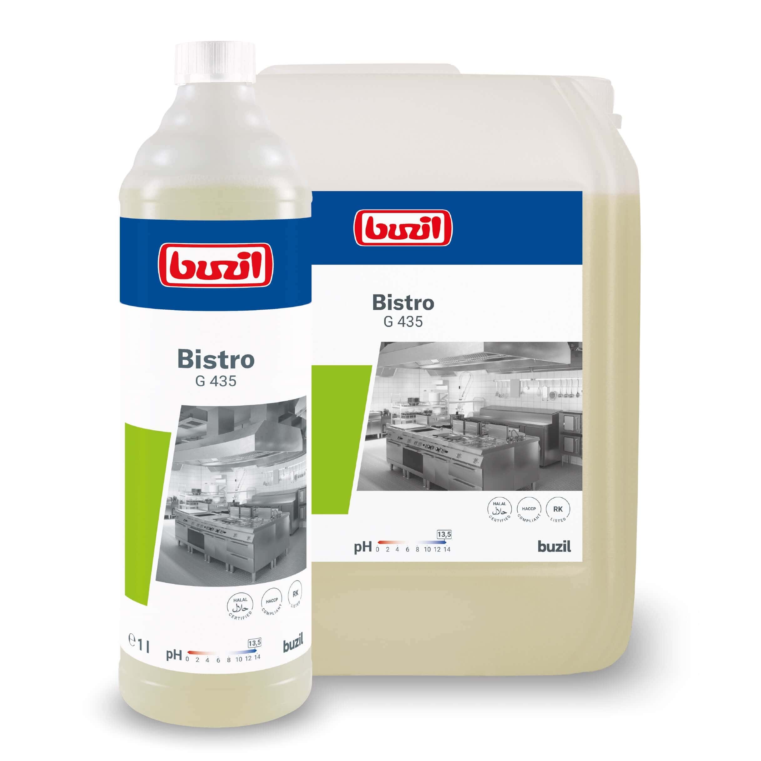 Buzil Bistro G 435 Küchenreiniger Buzil Bistro G 435 Küchenreiniger in Flasche und Kanister mit weißen Etiketten für die professionelle Küchenreinigung