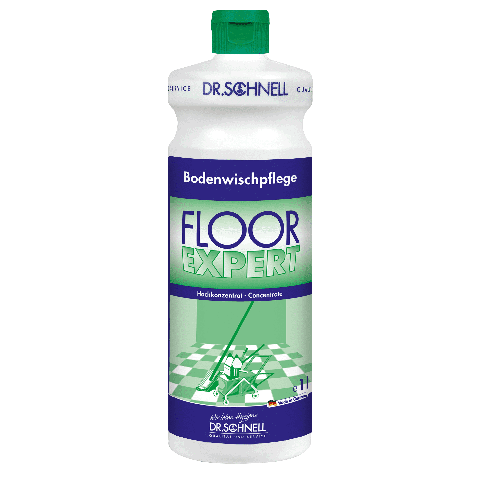 Bodenwischpflege FLOOR EXPERT von Dr. Schnell in Flasche mit grünem Deckel für professionelle Reinigung. Bodenwischpflege FLOOR EXPERT von Dr. Schnell in Flasche mit grünem Deckel für professionelle Reinigung.