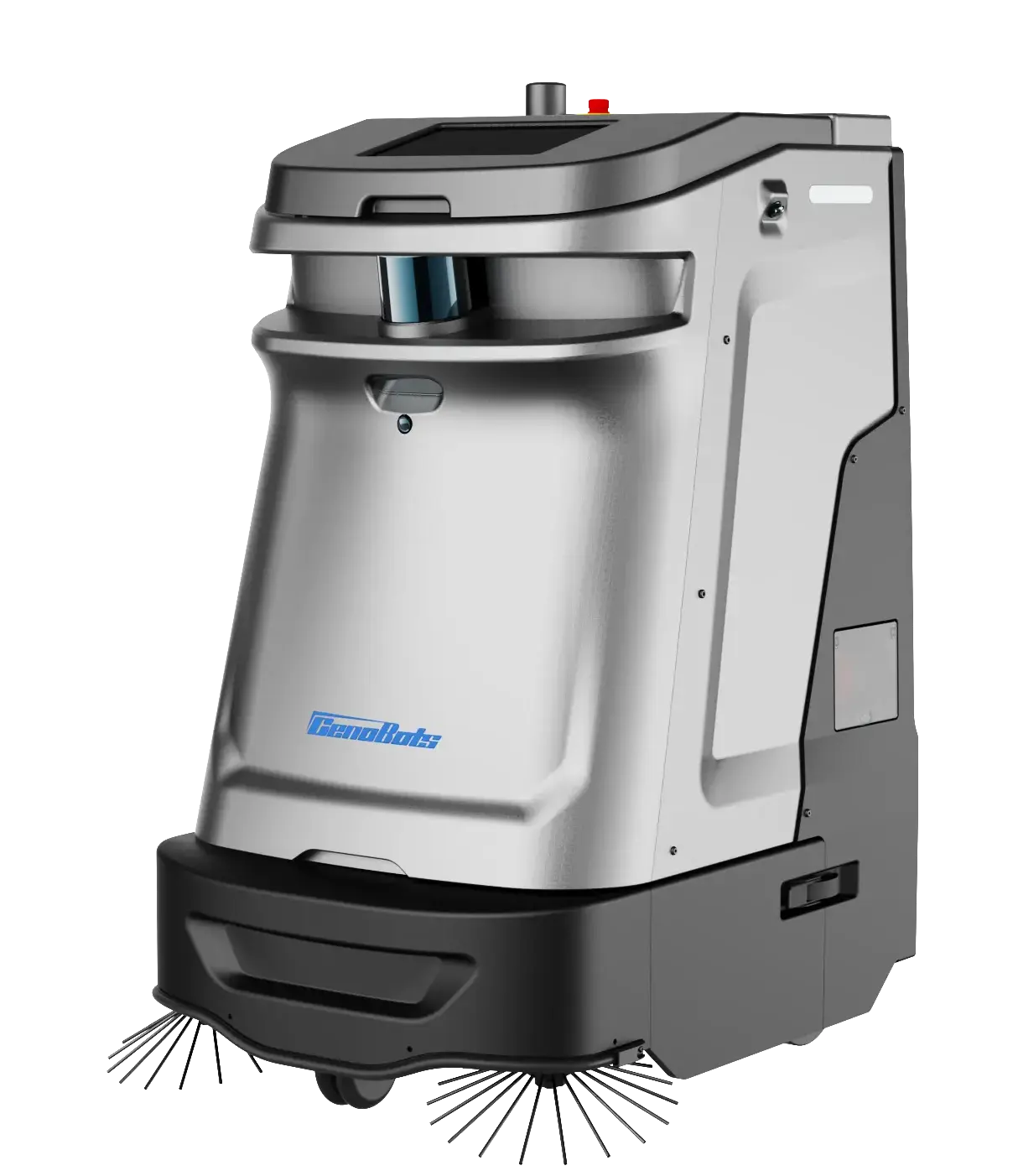 Autonomer Bodenwäscher von GenoBots GenoBots autonome Bodenscheuermaschine mit silbernem Gehäuse und integriertem Bürstensystem für die professionelle Reinigung