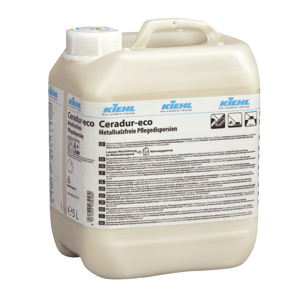 Kiehl Ceradur Eco Bodenpolitur 5 Liter Kanister Kiehl Ceradur Öko-Bodenpolitur im 5-Liter-Kanister mit ausführlicher Produktkennzeichnung für die professionelle Bodenpflege