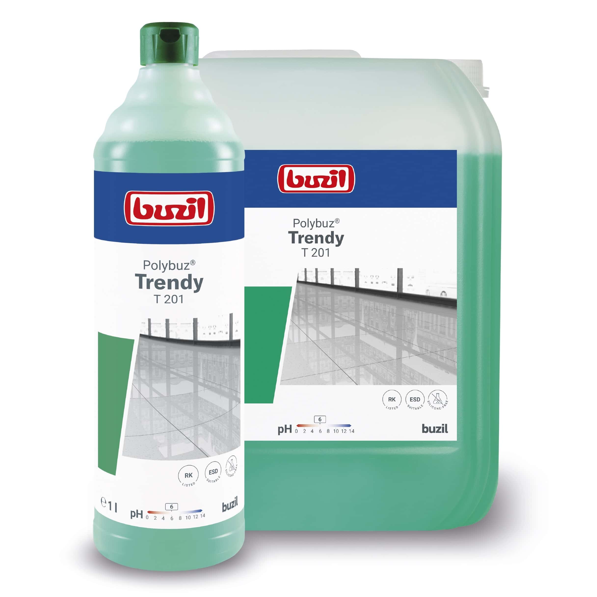 Buzil Polybuz Trendy T 201 Bodenreiniger Buzil Polybuz Trendy T 201 Bodenreiniger in einer Flasche und einem großen Kanister für die professionelle Bodenreinigung