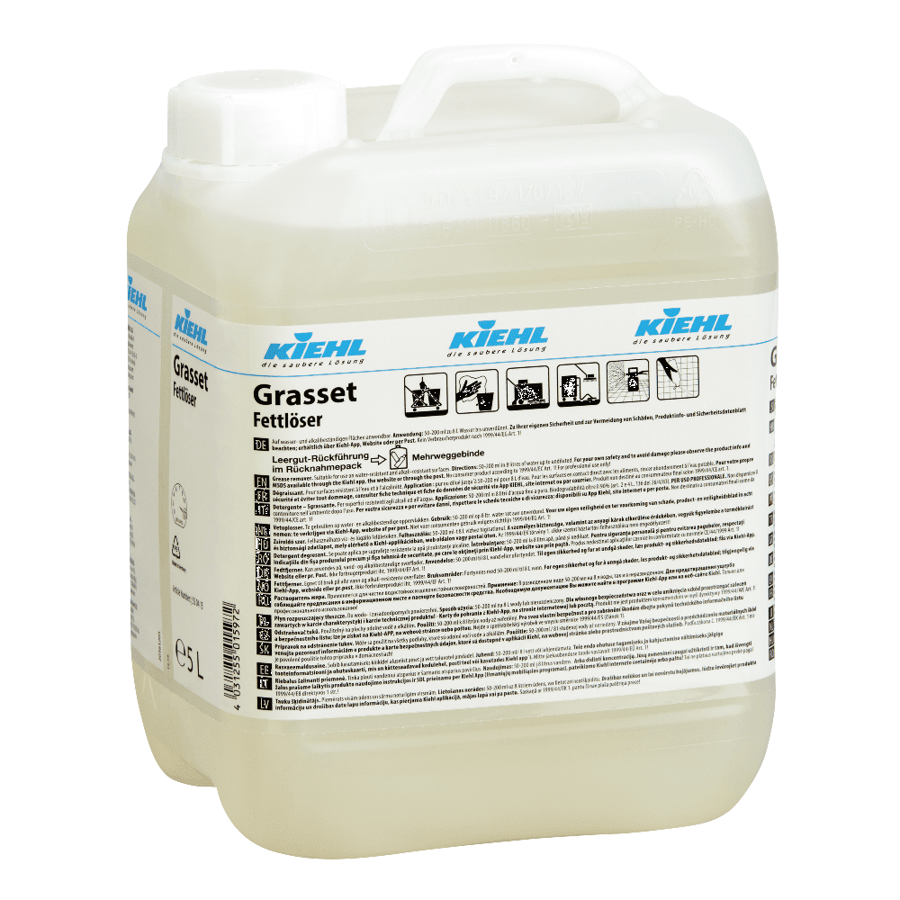 Kiehl Grassett-Fettentferner, 5-Liter-Kanister Kiehl Grasset Fettentferner im 5-Liter-Kanister mit weißem Etikett für professionelle industrielle Reinigungsaufgaben