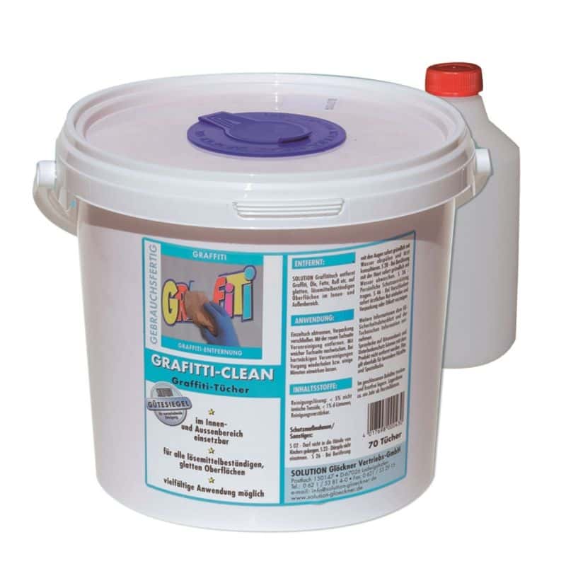 Graffiti-Reinigungstücher von SOLUTION Glöckner Graffiti-Reinigungstücher in einem Eimer mit einer Flasche Reinigungslösung.