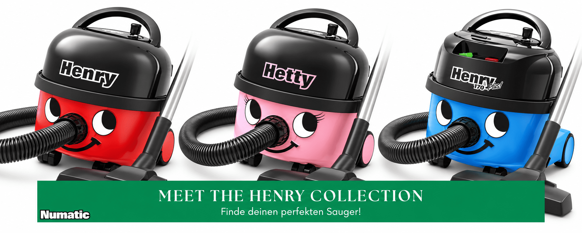 Numatic Henry Collection Staubsauger Drei Numatic-Trockensauger in Rot, Pink und Blau mit lächelnden Gesichtern und Schläuchen.