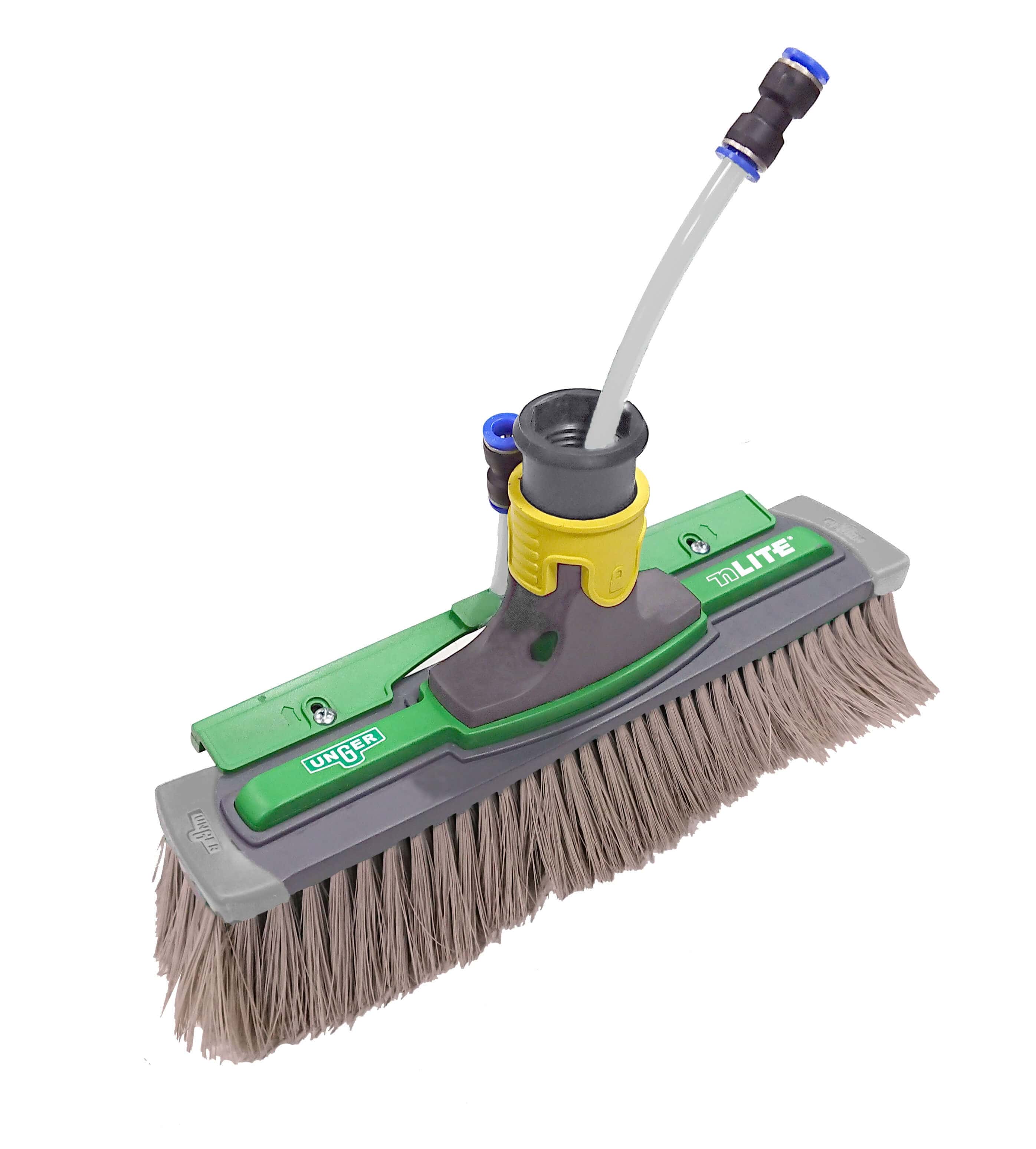 Unger nLite wasserbetriebene Bürste Unger nLite wasserbetriebene Bürste mit grauen Borsten und gelbem Anschluss für die professionelle Glas- und Gebäudereinigung