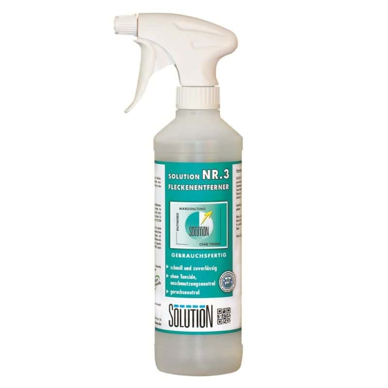 Fleckentferner in Sprühflasche von Solution mit grünem Etikett für die schnelle Reinigung von Oberflächen Fleckentferner in Sprühflasche von Solution mit grünem Etikett für die schnelle Reinigung von Oberflächen