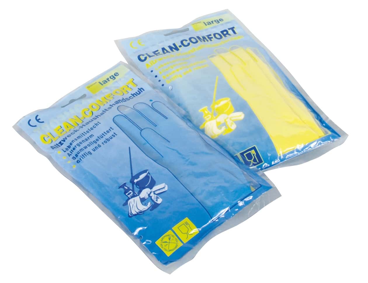 Clean-Comfort Allzweck-Haushaltshandschuhe in blauer und gelber Ausführung, verpackt für den professionellen Reinigungsbedarf. Clean-Comfort Allzweck-Haushaltshandschuhe in blauer und gelber Ausführung, verpackt für den professionellen Reinigungsbedarf.