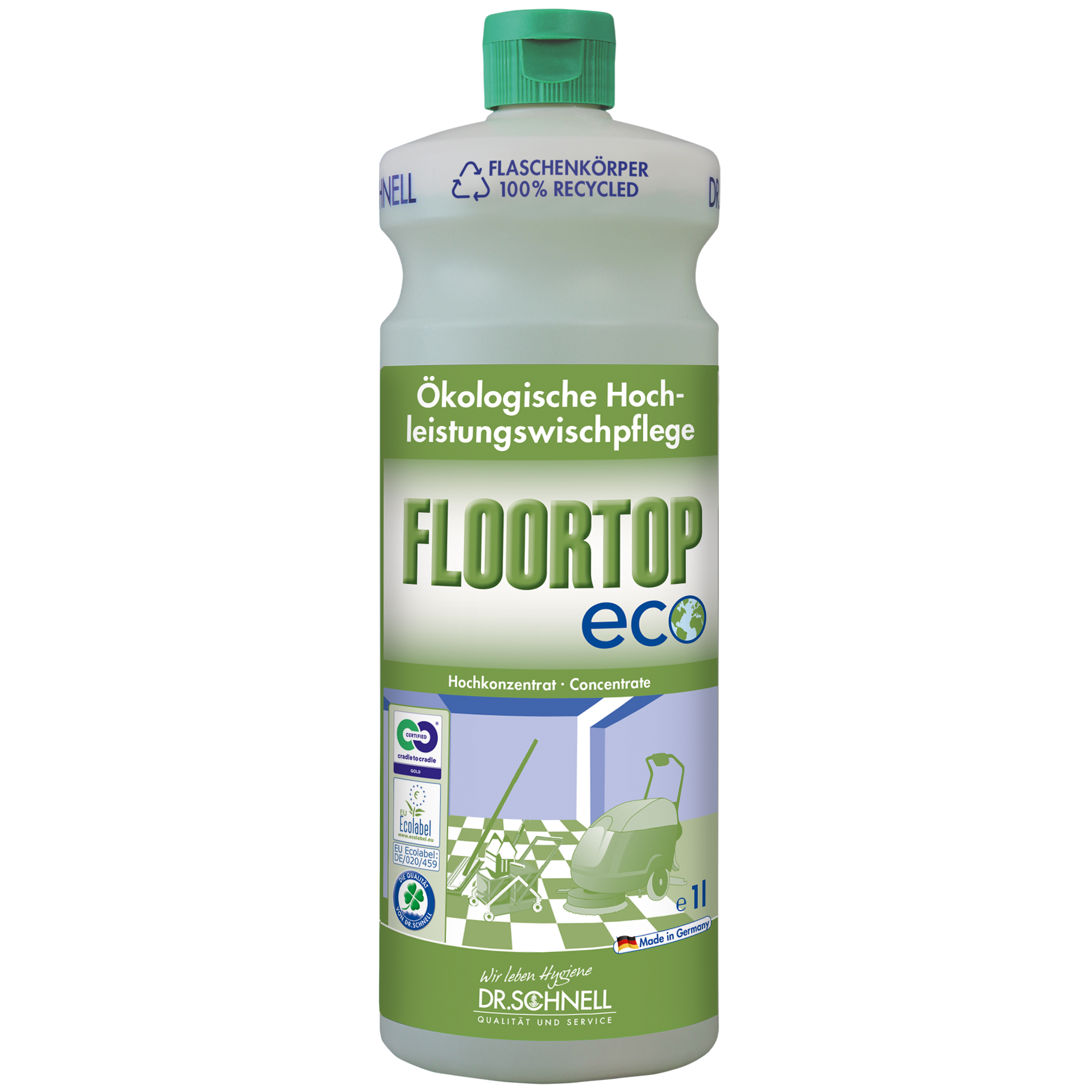 Dr. Schnell Floortop Eco Bodenreiniger in der 1-Liter-Flasche für die professionelle Bodenreinigung im Gewerbebau