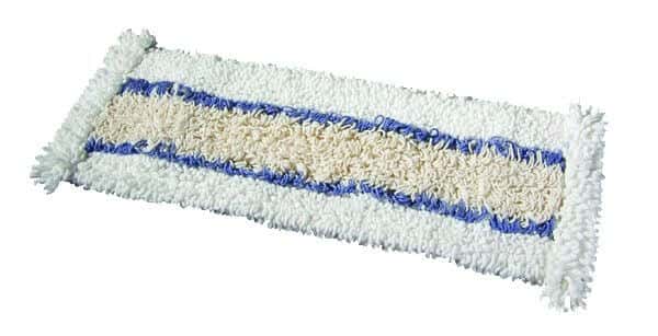 Mikrofaser-Moppkopf mit blauen Streifen Weißer Mikrofaser-Moppkopf mit blauen Streifen und strukturierter Reinigungsoberfläche für die professionelle Bodenreinigung und -pflege