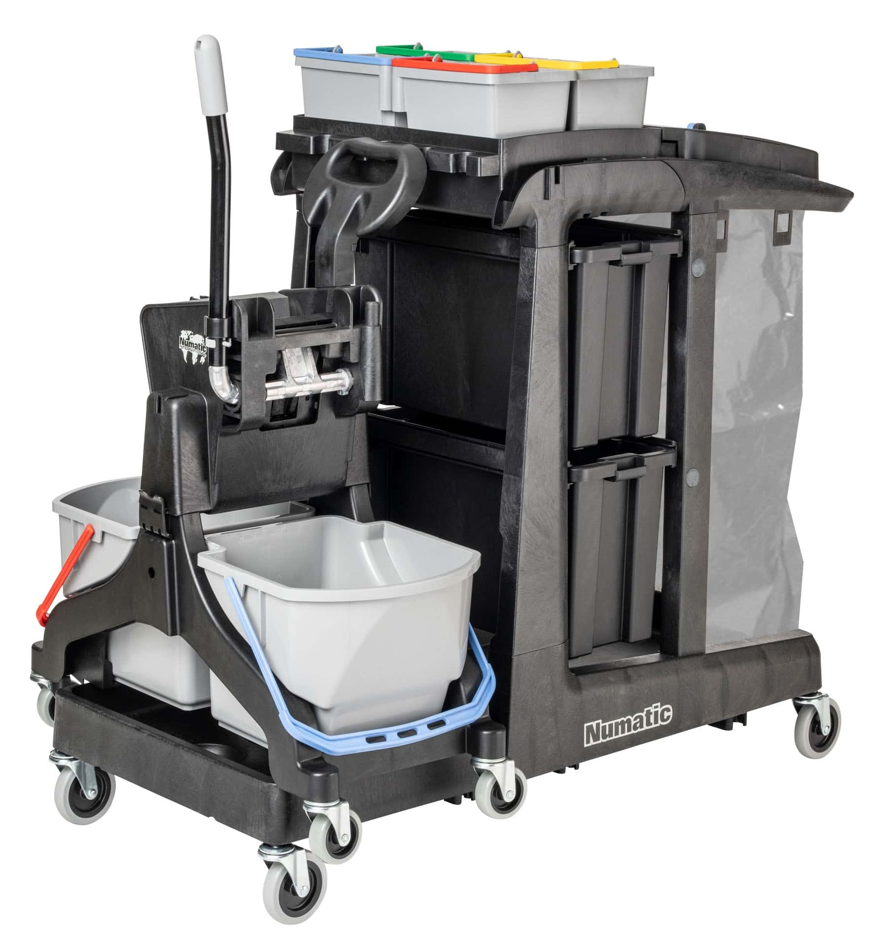 Numatic Ecomatic EM 5B Reinigungswagen Numatic Ecomatic EM 5B Reinigungswagen mit mehreren Eimern und Griff.