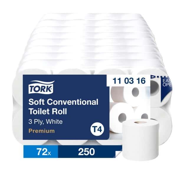 Weiche herkömmliche Toilettenpapierrolle von Tork T4 Weiche herkömmliche Toilettenpapierrolle von Tork, 3-lagig, weiß, T4-Verpackung mit sichtbaren Rollen