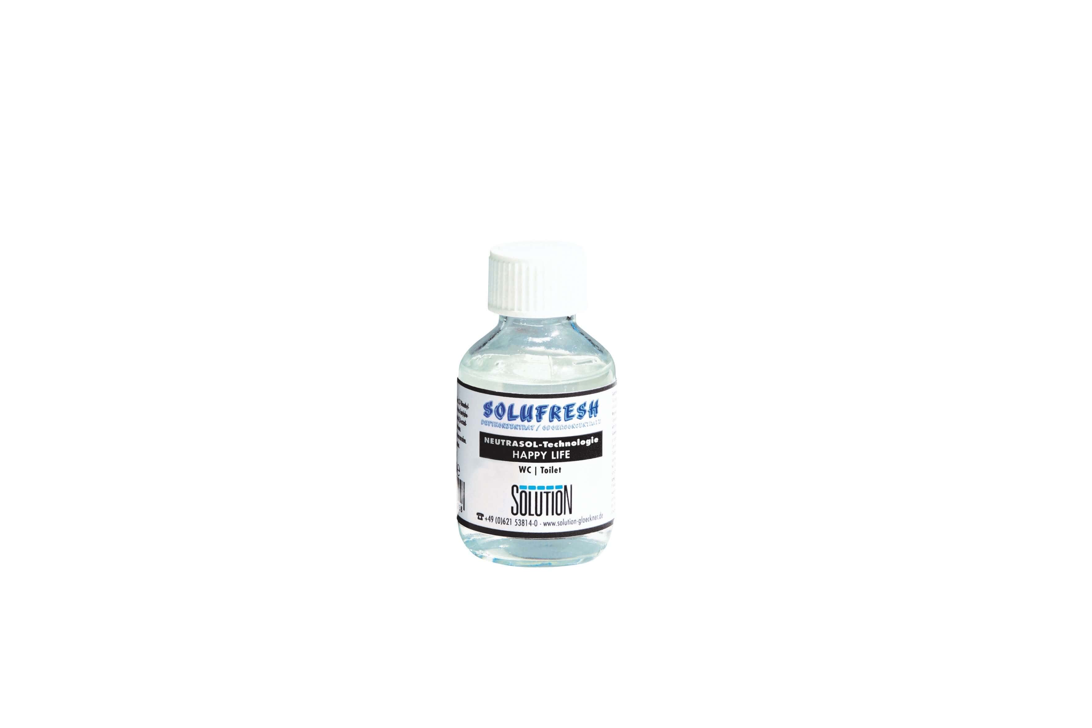 Solufresh Reinigungskonzentratflasche Solufresh Reinigungskonzentrat in einer kleinen transparenten Flasche mit weißem Verschluss für die professionelle Sanitärreinigung
