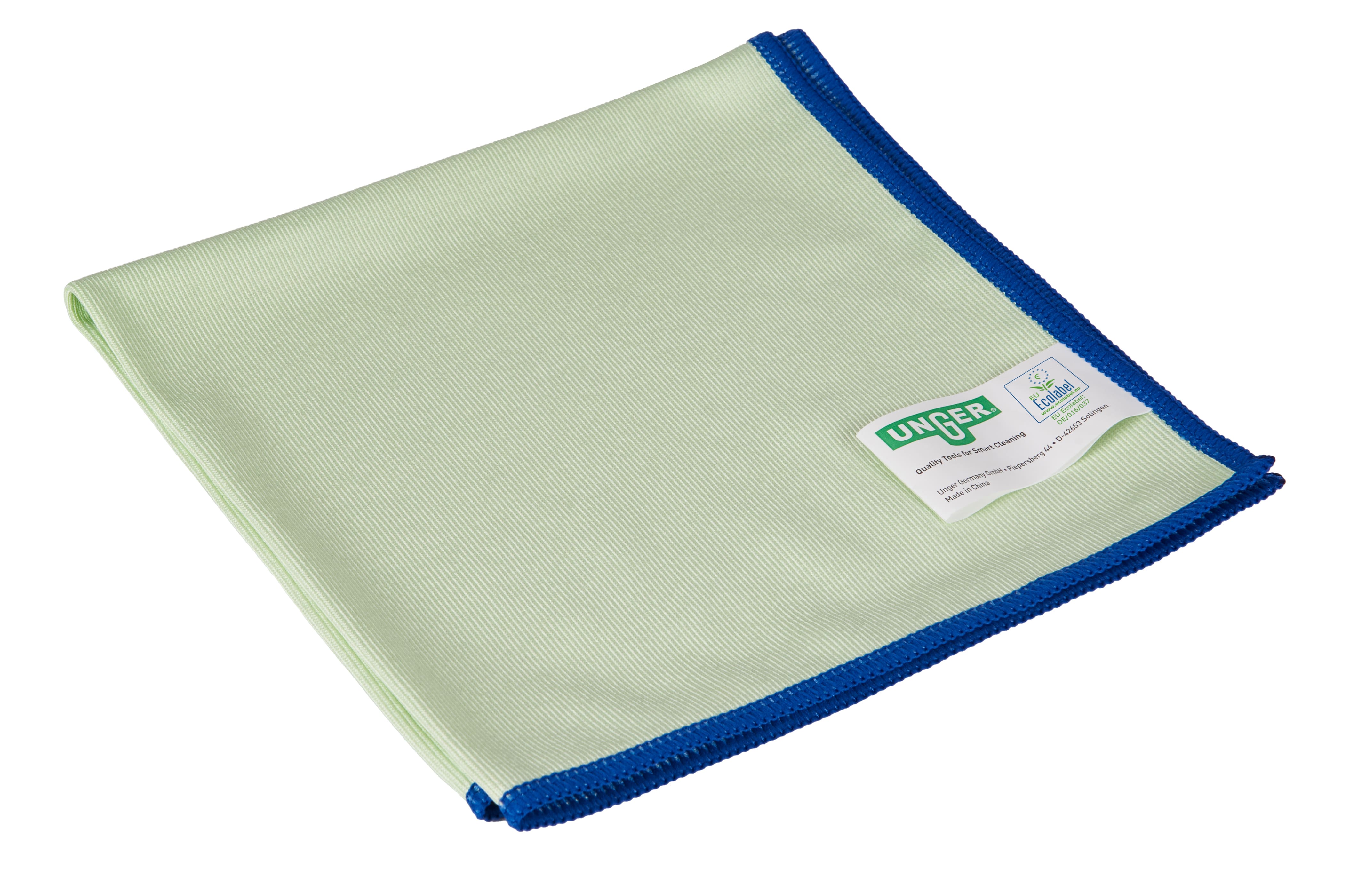 Unger Reinigungstuch in grün mit blauer Umrandung für effektive Fensterreinigung