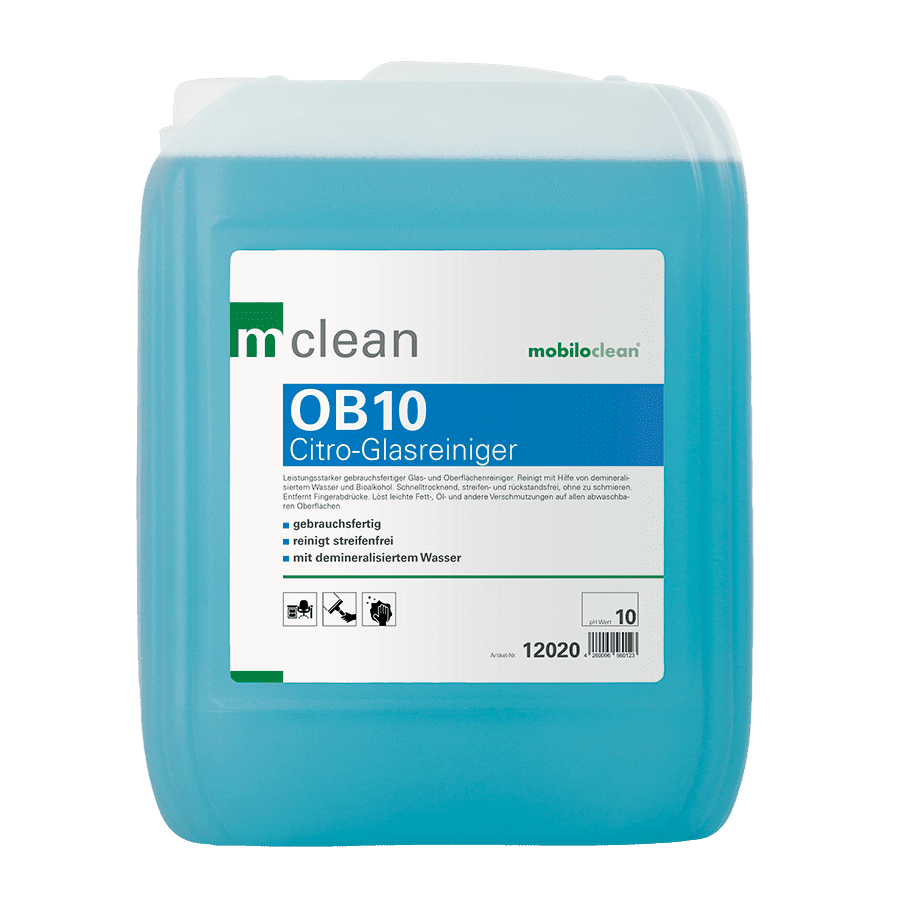 Mclean OB10 Glasreiniger-Kanister Mclean OB10 Glasreiniger im blauen Kunststoffkanister mit weißem Etikett für professionelle Oberflächenreinigungsaufgaben