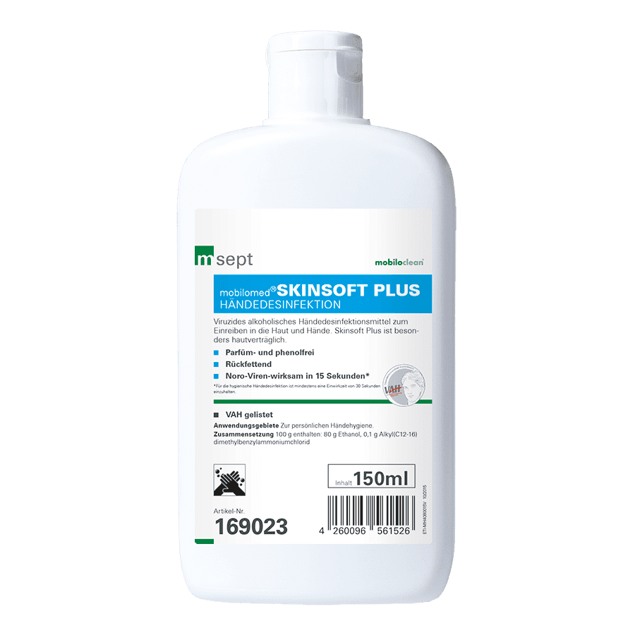 Mobilomed Skinsoft Plus Händedesinfektionsmittel 150ml Mobilomed Skinsoft Plus Händedesinfektionsmittel in einer 150 ml weißen Flasche mit Klappdeckel für professionelle Händehygiene