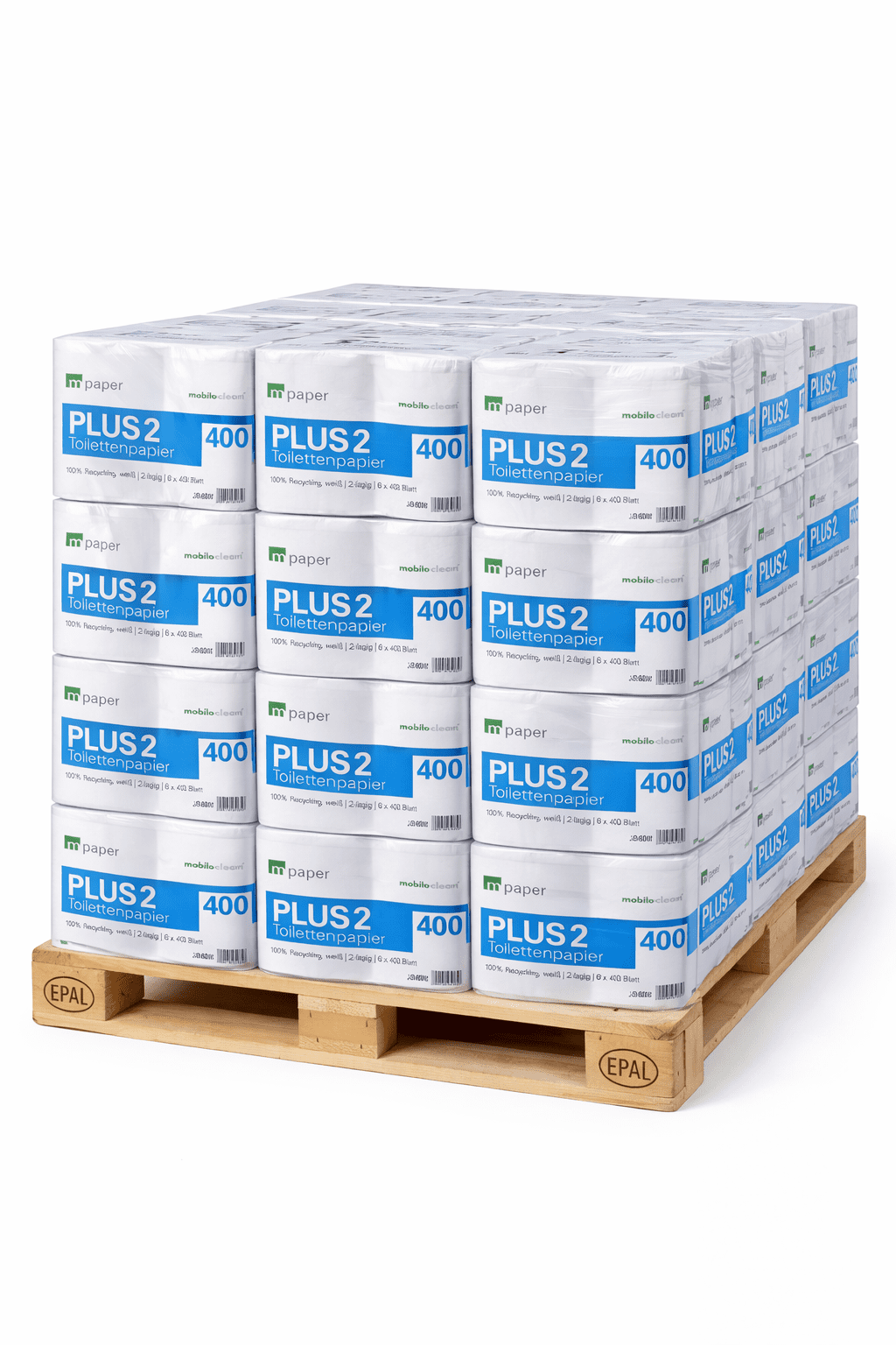 Palette mit gestapeltem Toilettenpapier der Marke mobiloclean, Modell PLUS 2, 400 Blatt, auf Holzpalette Palette mit gestapeltem Toilettenpapier der Marke mobiloclean, Modell PLUS 2, 400 Blatt, auf Holzpalette