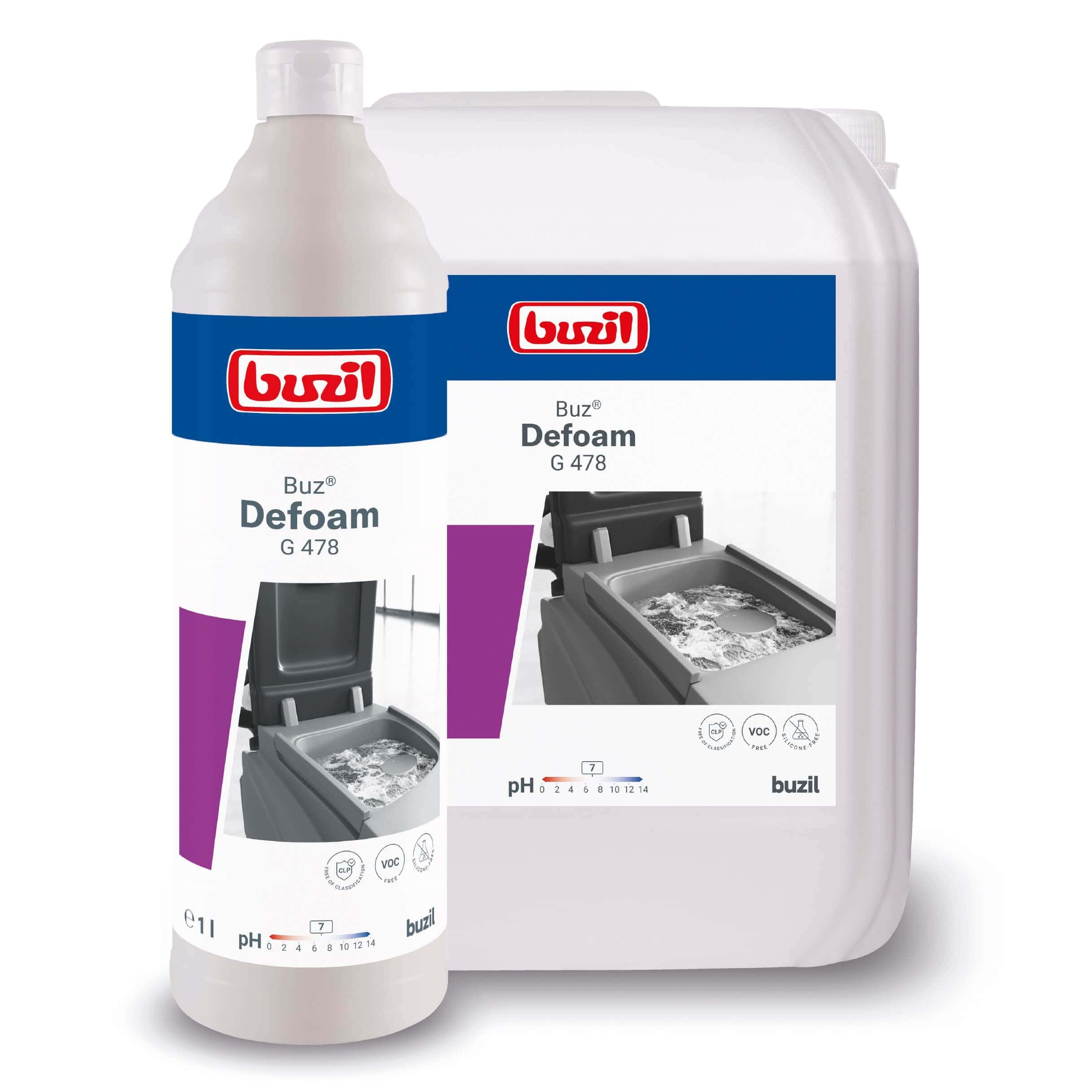 Buzil Defoam G 478 Entschäumer Buzil Defoam G 478 Entschäumer in einer Flasche und einem Kanister mit blauen Etiketten für die professionelle Reinigung von Reinigungsmaschinen