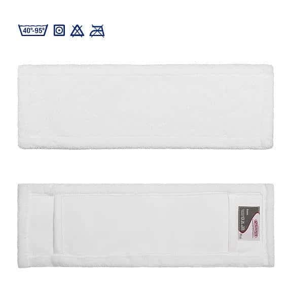 Sprintus Mikrofaser-Moppkopf Weißer Sprintus-Mikrofaser-Moppkopf mit Textiltaschen und Pflegehinweisen für professionelle Bodenreinigungsaufgaben