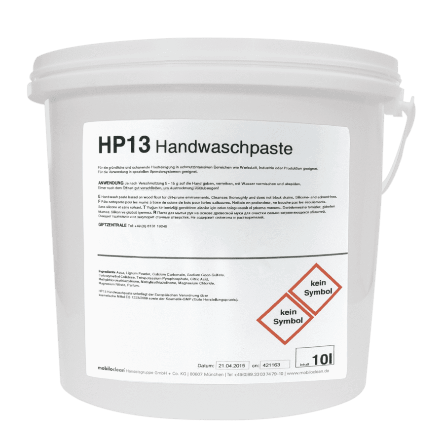 HP13 Handwaschpaste, 10-Liter-Eimer HP13 Handwaschpaste im weißen 10-Liter-Eimer mit ausführlichem Produktetikett für die professionelle Industriereinigung