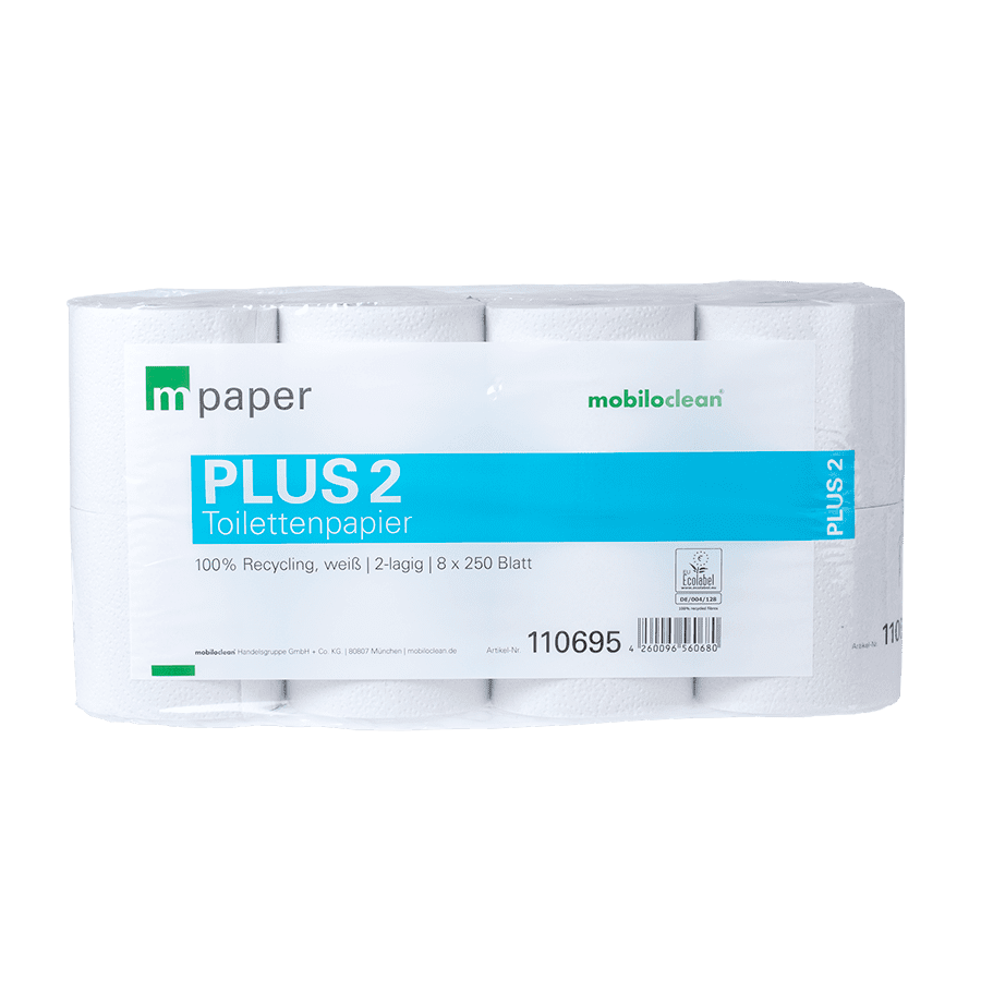 Mobiloclean m paper Plus 2 Toilettenpapier Mobiloclean m paper Plus 2 Toilettenpapierpackung mit acht weißen, zweilagigen Recyclingpapierrollen für die Anlagenhygiene