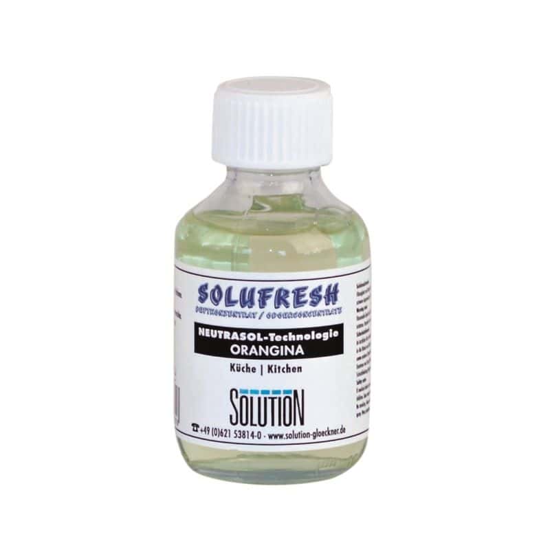 SoluFresh Orangina-Reinigungslösung SoluFresh Neutrasol-Technology Orangina in einer kleinen Flasche für den Küchengebrauch.