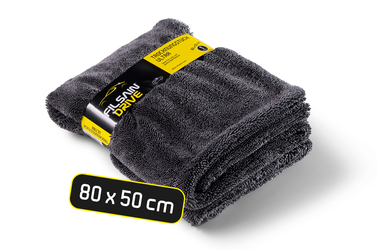 Filsain Drive Mikrofaser-Trockentuch in Grau mit gelbem Produktetikett für die professionelle Reinigung von Fahrzeugoberflächen