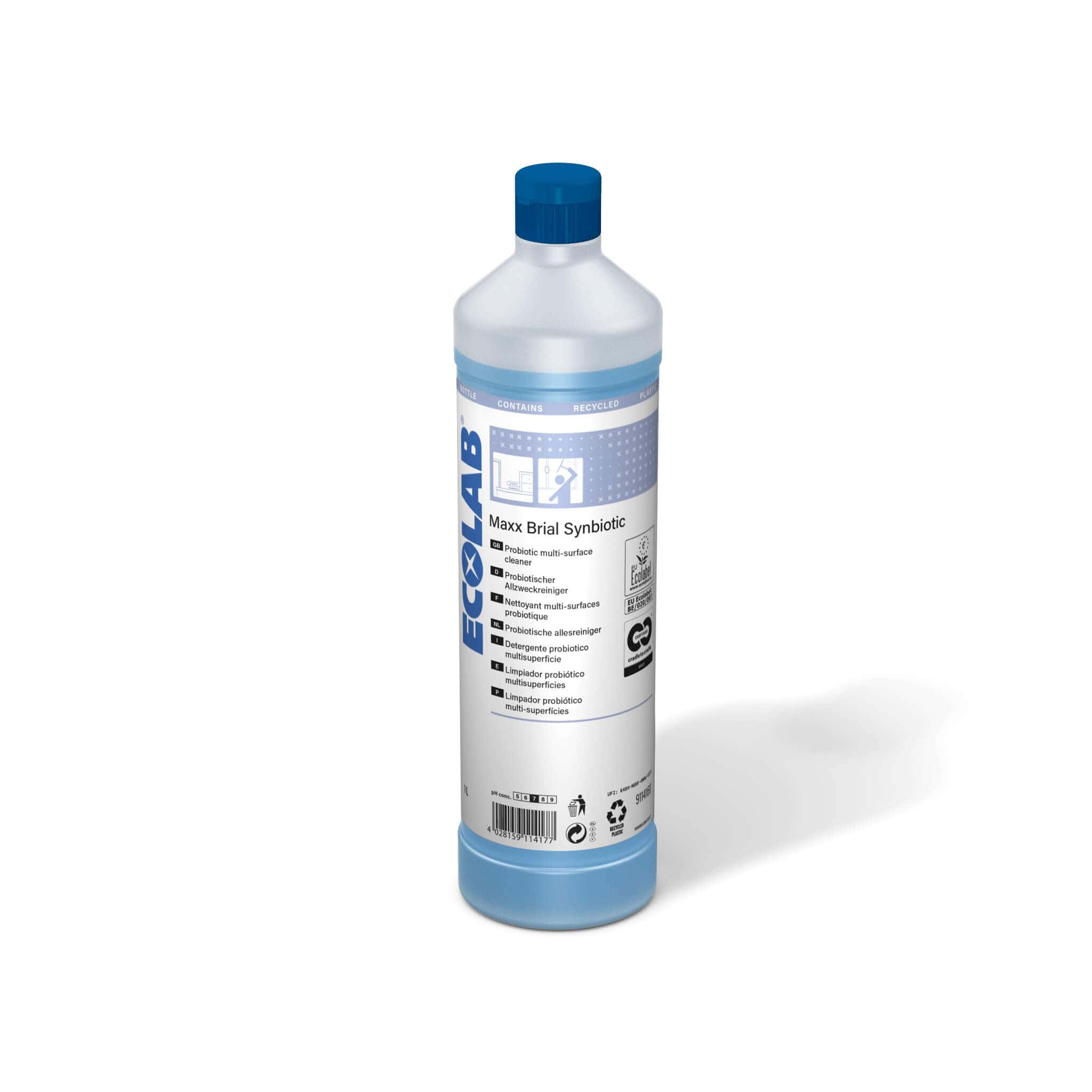 Ecolab Maxx Brial Synbiotic Multi-Oberflächenreiniger Ecolab Maxx Brial Synbiotic Mehrflächenreiniger in einer 1-Liter-Flasche mit blauem Verschluss für professionelle Reinigung