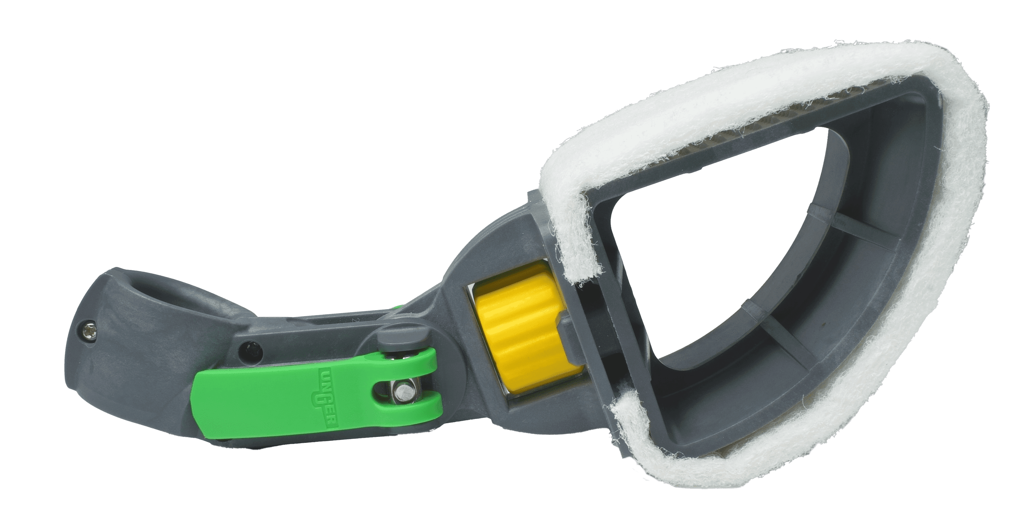Unger Mopphalter mit Reinigungspad Unger Mopphalter mit grauem Kunststoffrahmen, weißem Reinigungspad, gelbem Einstellknopf und grünem Verriegelungsmechanismus