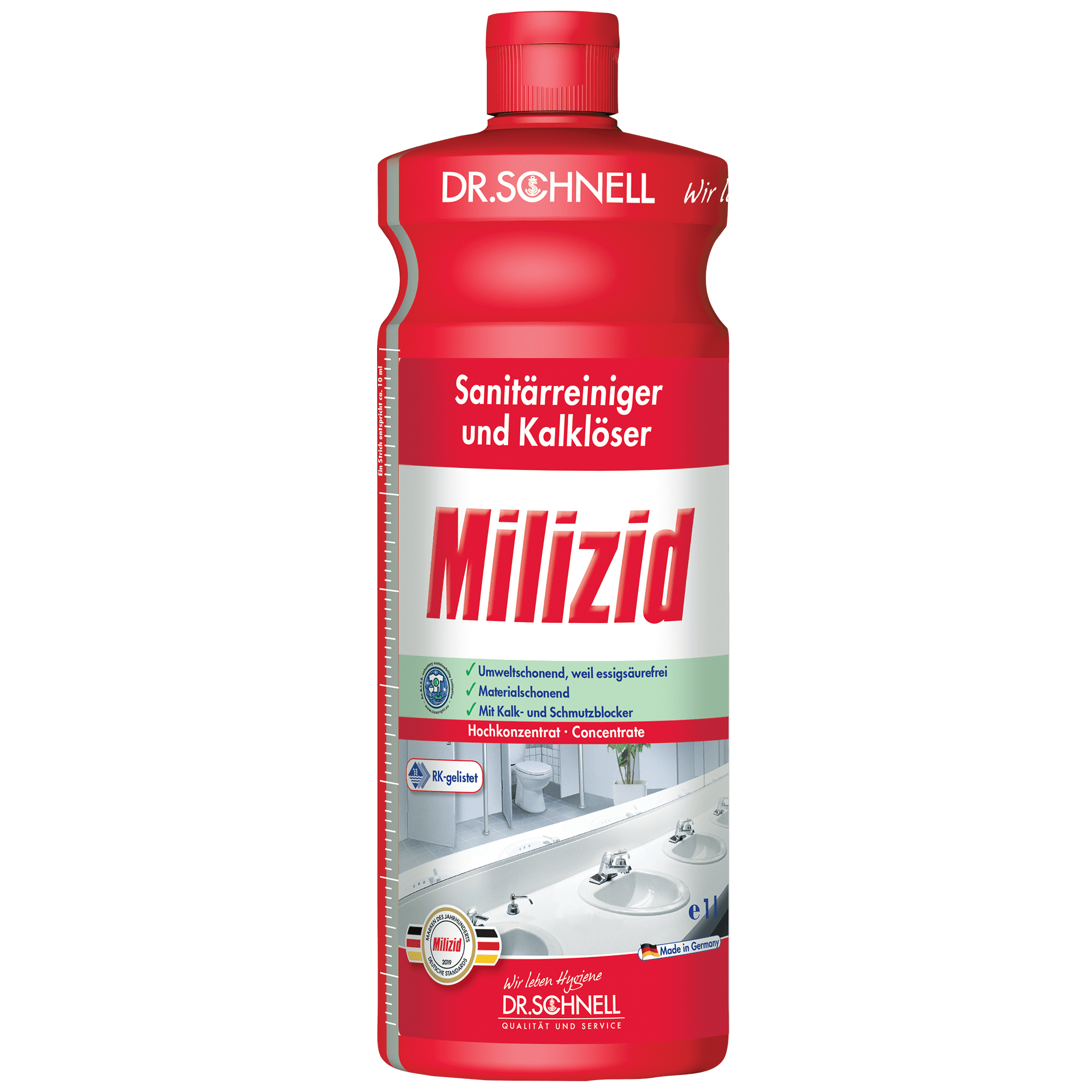 Dr. Schnell Milizid Sanitärreiniger Dr. Schnell Milizid Sanitärreiniger und Kalklöser in der roten 1-Liter-Flasche für die professionelle Badreinigung